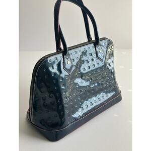 Arcadia Patent Leather Satchel Bag Navy Blue Glossy Embossed Tote, Made in Italy